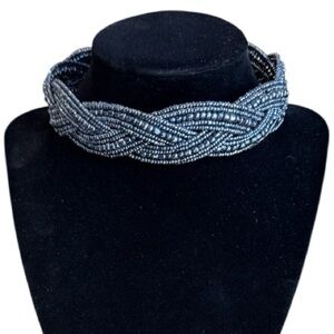 Blue Beaded Wrap Cuff Memory Wire Choker Necklace Criss Cross Design 1" Wide